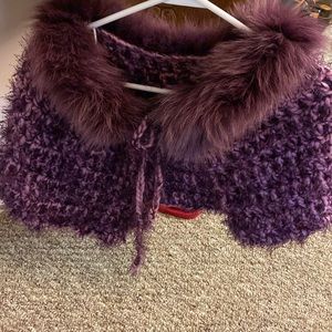 Cape, handmade, knitted cape with purple fur